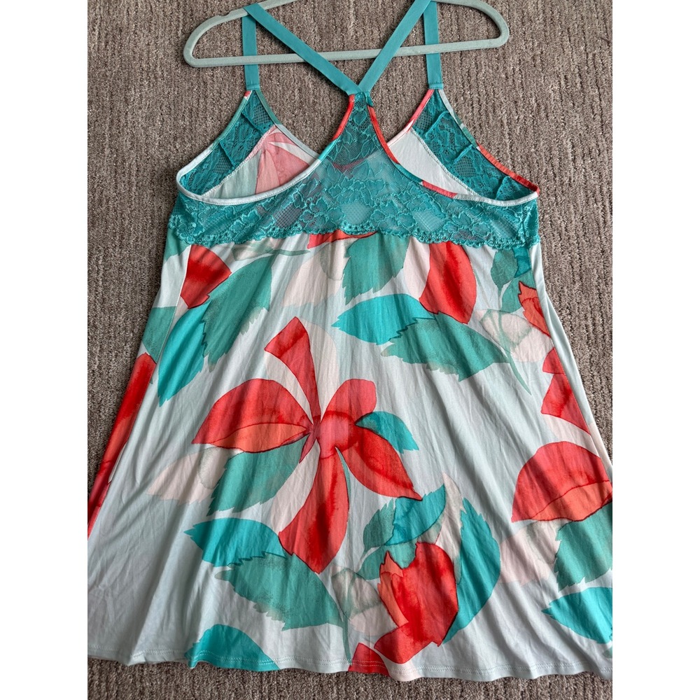Linea Donatella Floral Lace Trim Chemise Nightgown Teal Coral Large MNP110